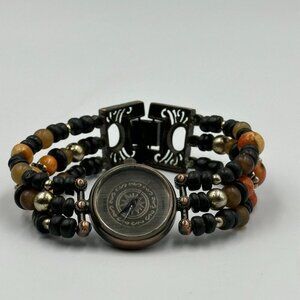 3/$30 Fiera Watch Women Brass Tone Black Beaded Wooden Band New Battery 6.5 Inch